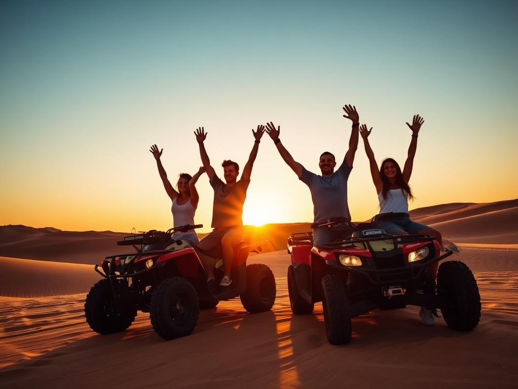 Grupo celebrando en el desierto al atardecer